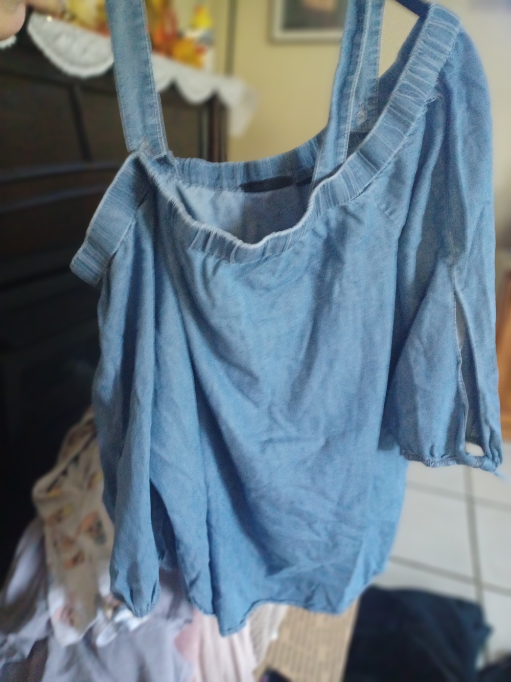 Susan Graver Light Blue Denim Off-Shoulder Top